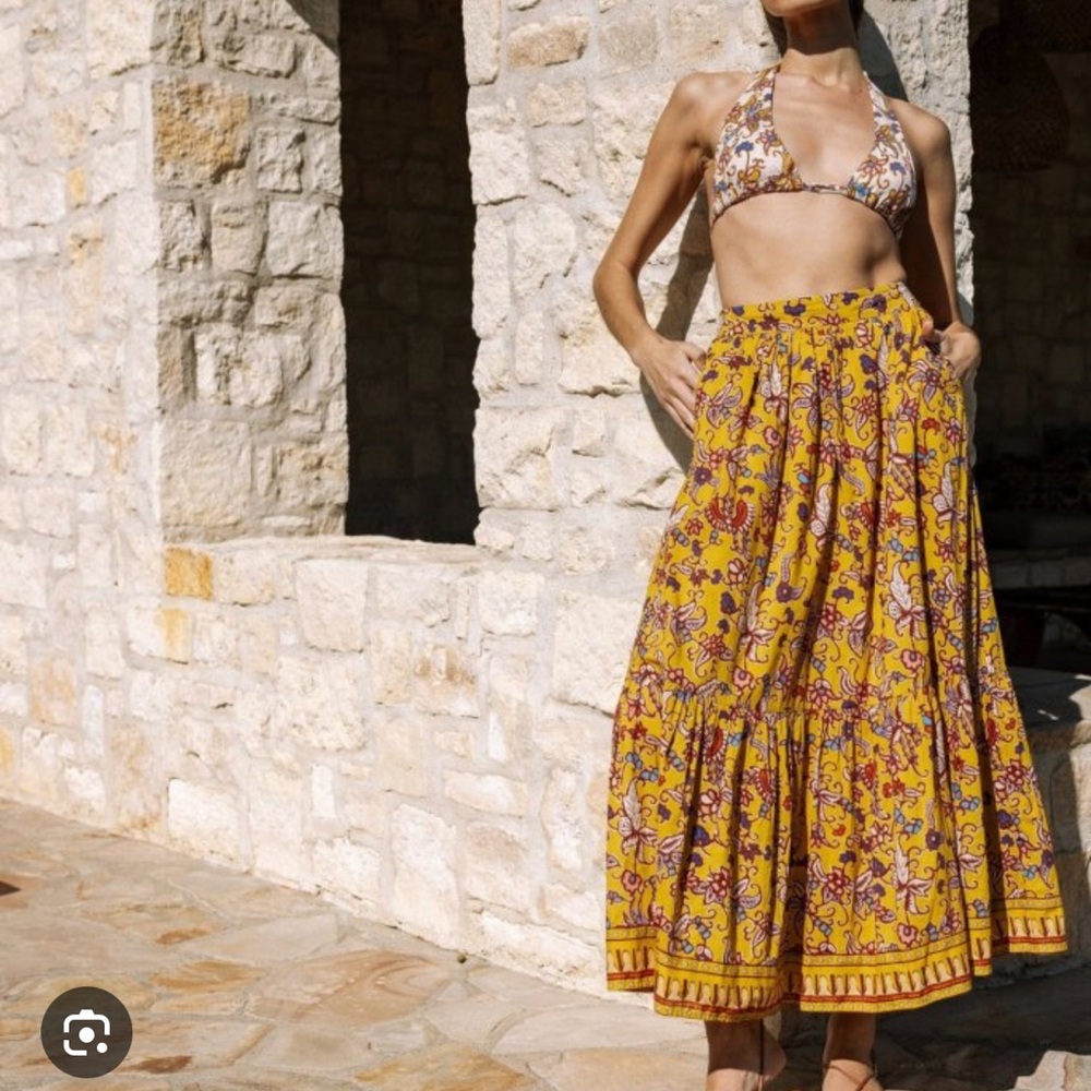 Cleobella Gold Smocked Tiered Maxi Skirt